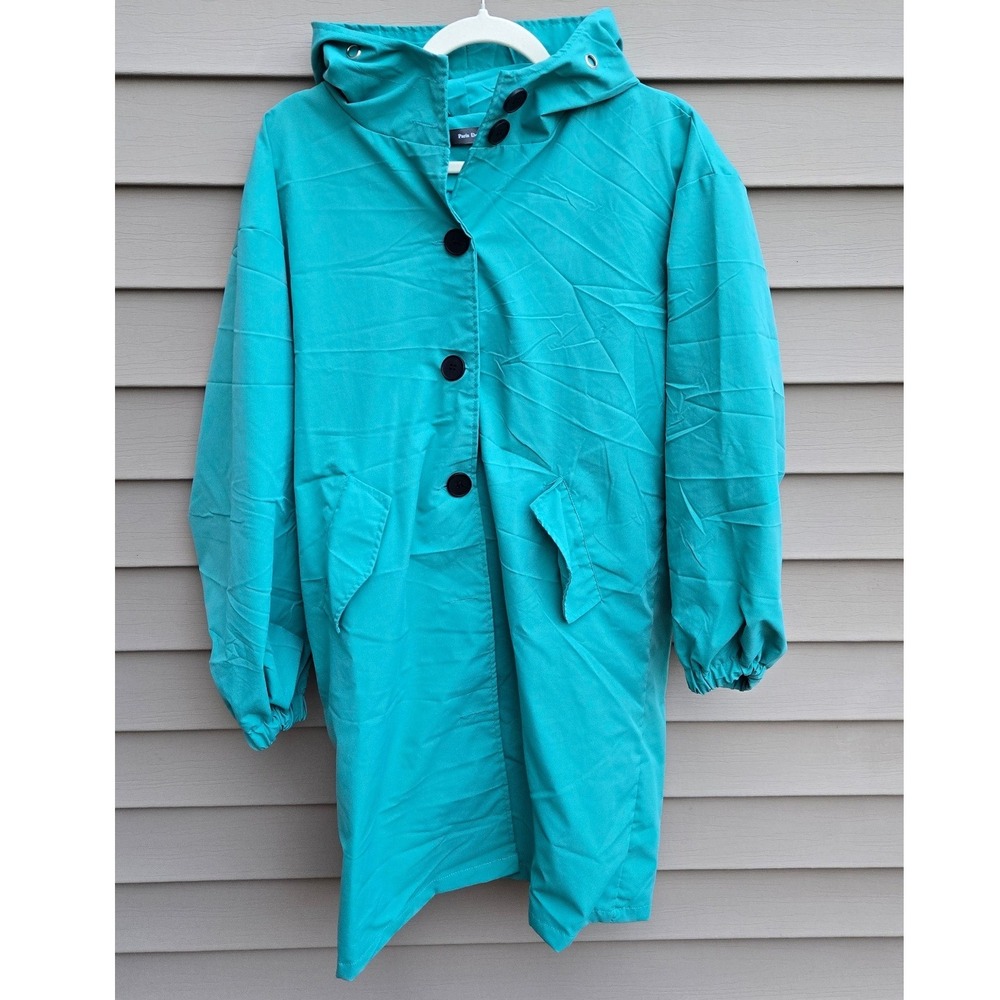 Paris Design Teal Green Hooded Jacket Button Front Lightweight Parka Large